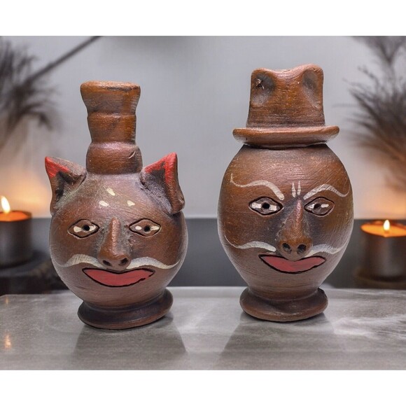 2-Folk Art Primitive Mexico Clay Salt & Pepper Shaker Face Figure Mexican Earth